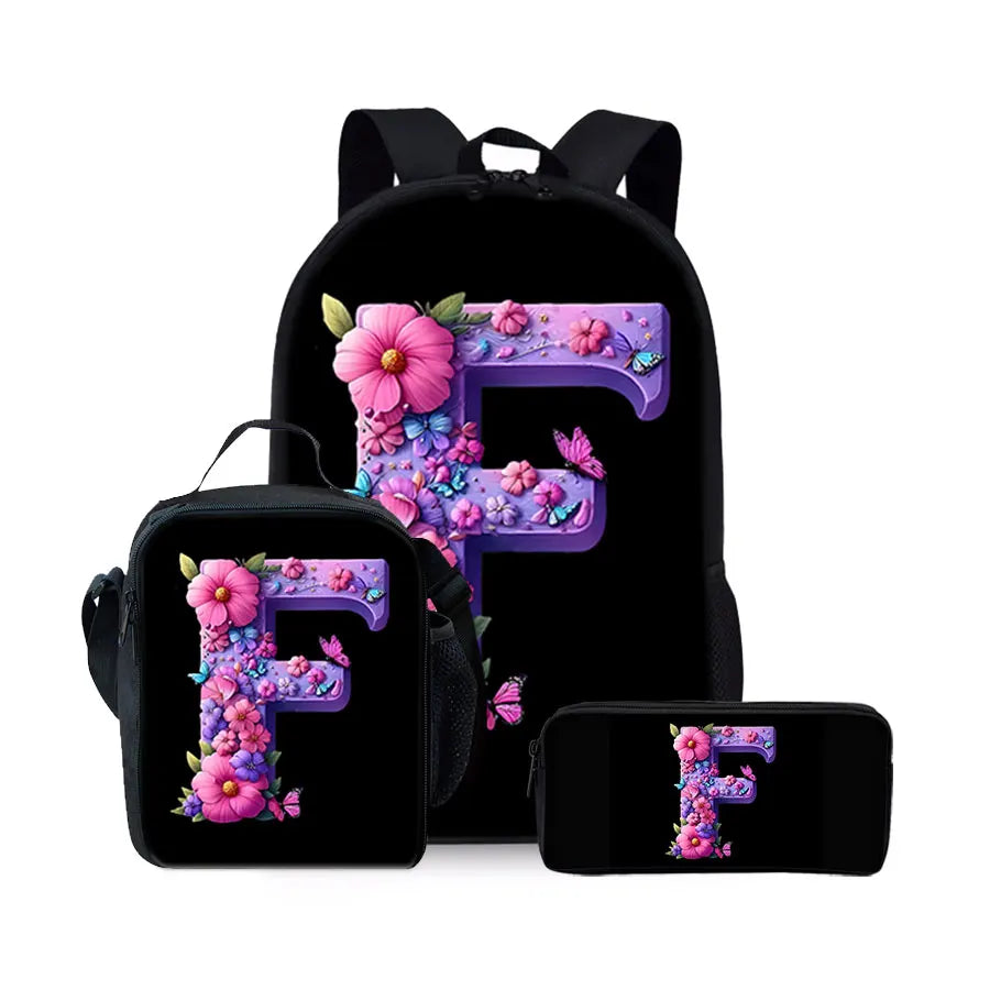 English Alphabet Pattern 2D Flat Cartoon School Backpack Three Piece Set