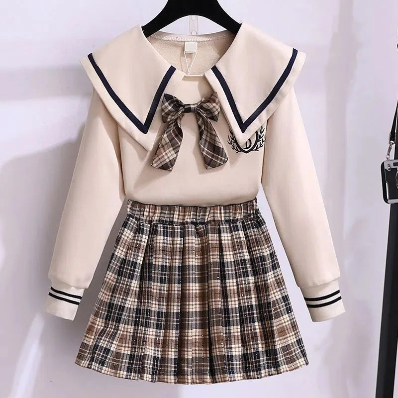 Bow Long Sleeve Top & Plaid Pleated Skirt Set