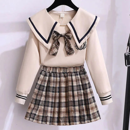 Bow Long Sleeve Top & Plaid Pleated Skirt Set
