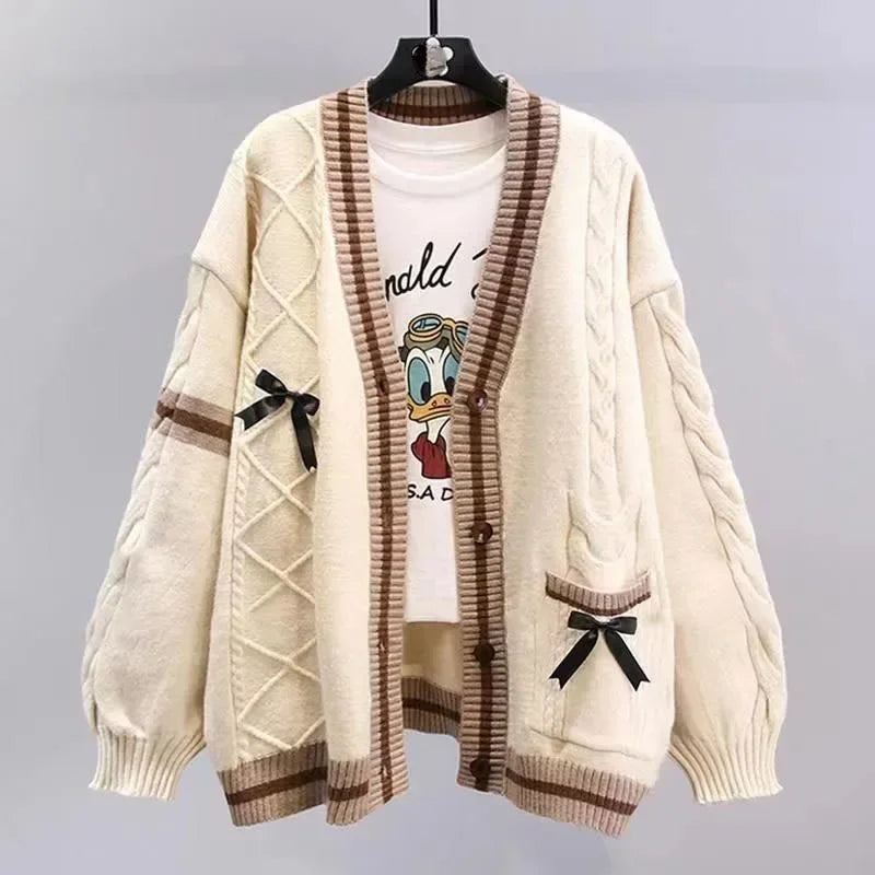 Sweet Bow Cardigans Y2K Aesthetic Contrast Color V-Neck Knitted Cardigan Sweaters Coat