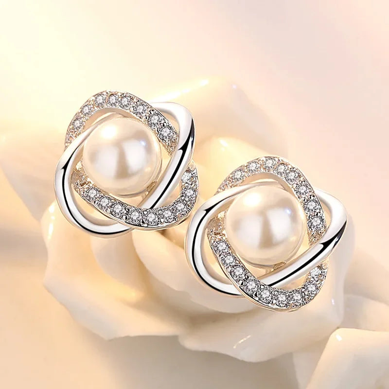 925 Silver Zircon Pearl Twist Stud Earrings