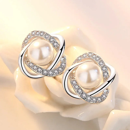 925 Silver Zircon Pearl Twist Stud Earrings