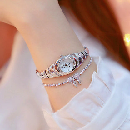 Rhinestone round dial alloy quartz watch set