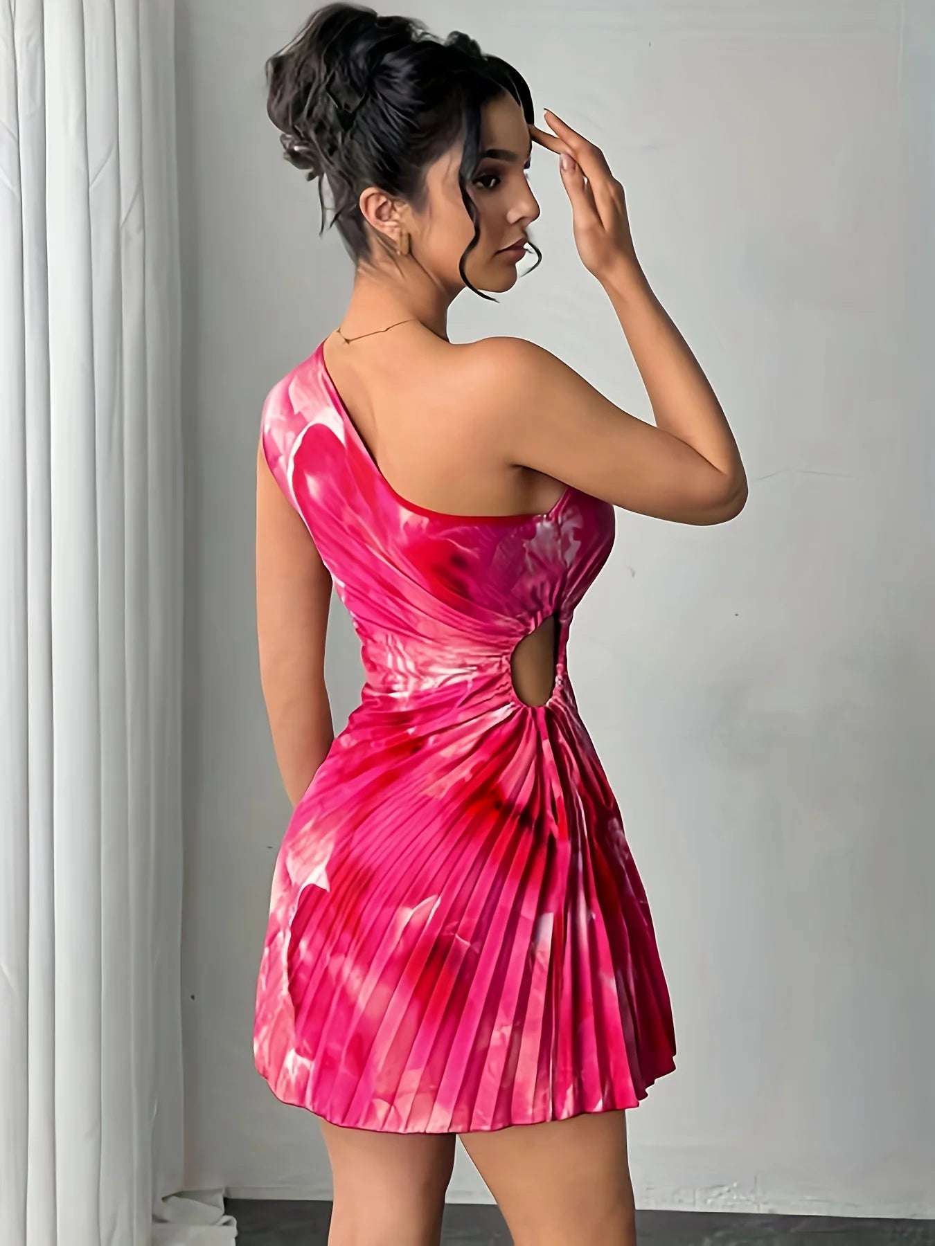 Elegant Ink Print Smudge Cut-out Waist Dress