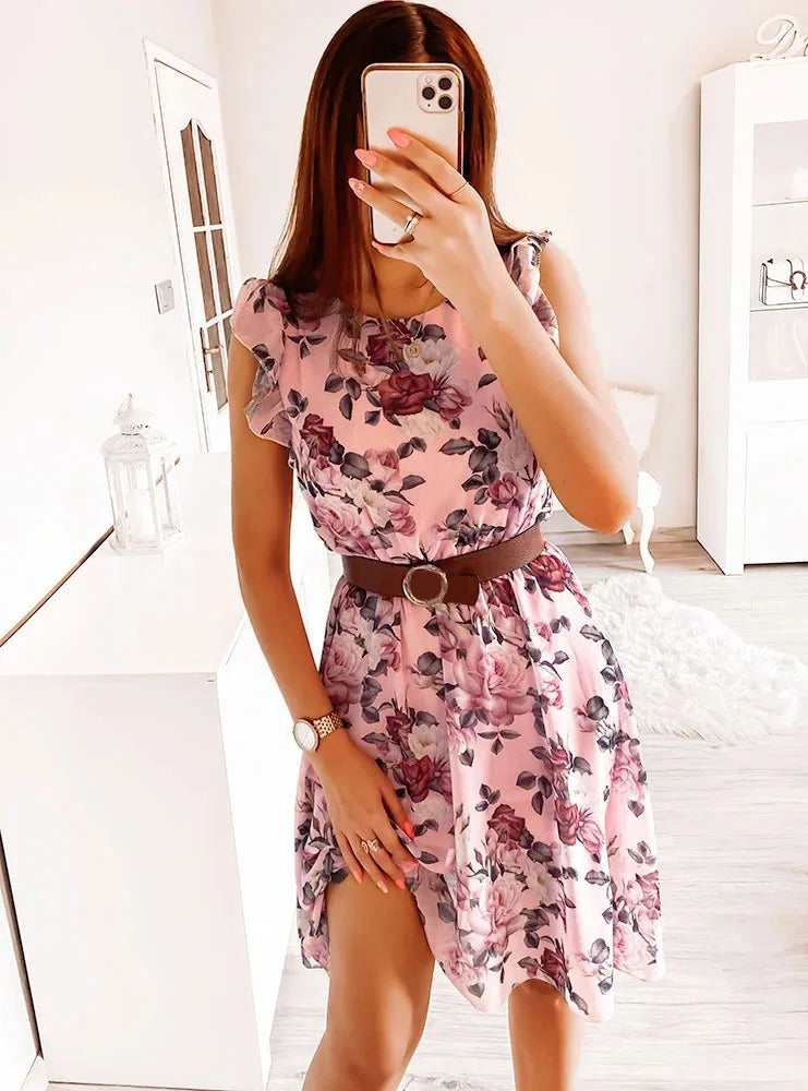 Floral Printed Long Elastic Waist Sleeveless Chiffon Dress