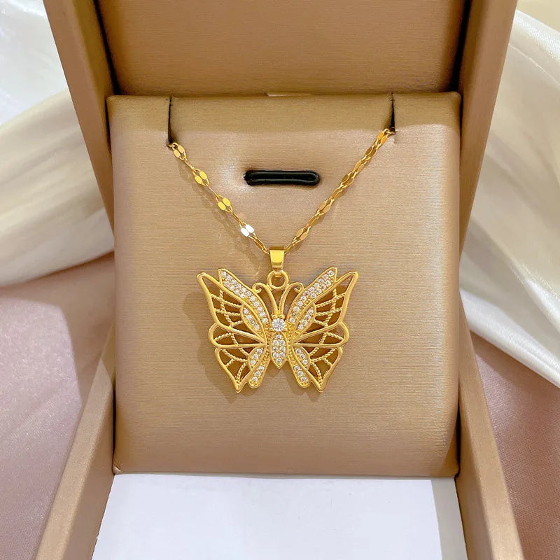 Heart Butterfly Stainless Steel Pendant Necklaces Jewelry