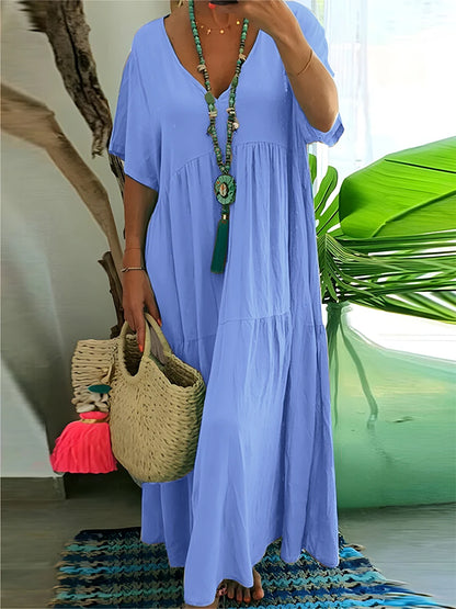 Plus Size Casual Loose V-Neck Solid Long Dress S