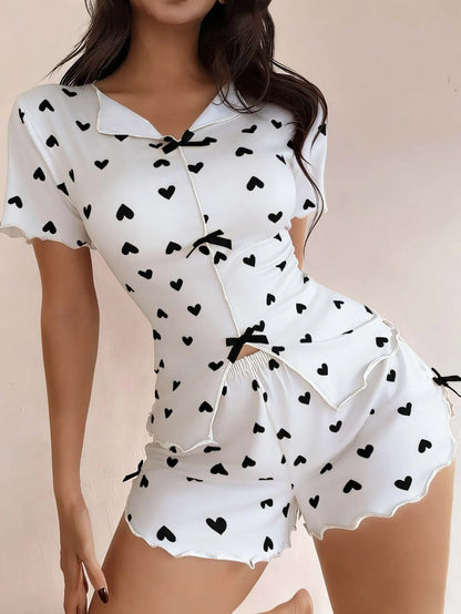 Love Printed Collar Short Sleeve Bow Slim Fit Pajamas