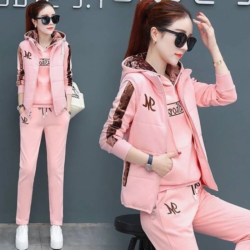 Casual Autumn Winter Thickened Hooded Waistcoat Pants 3 Three Piece Sets
