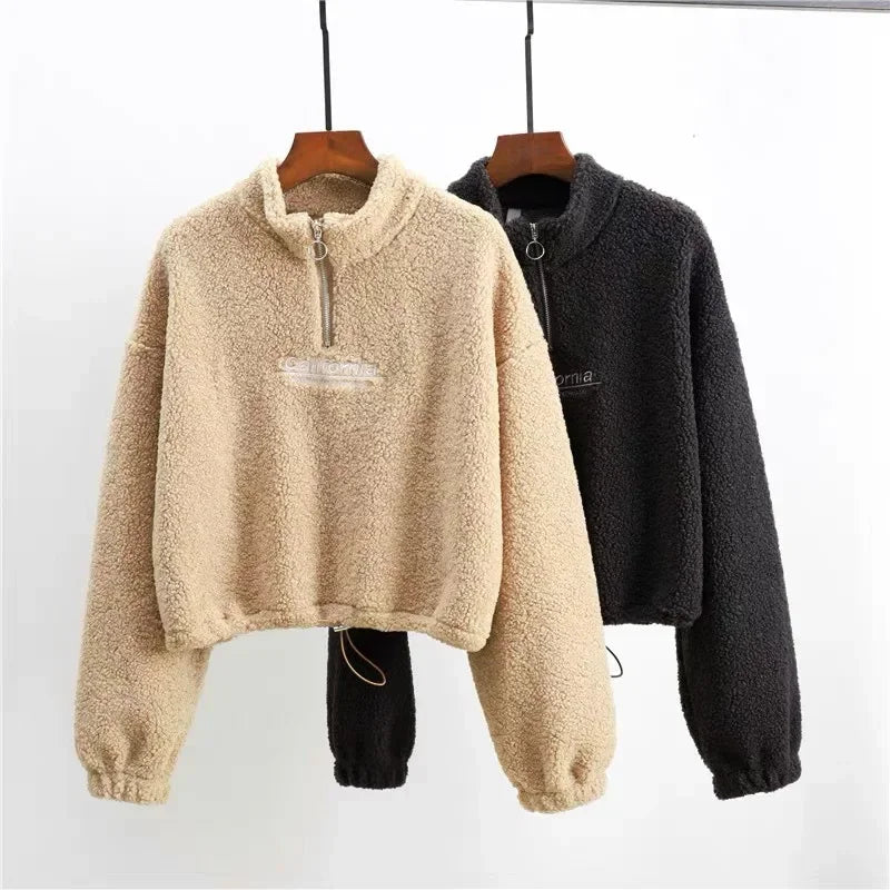 Letter Embroidery Stand Neck Fleece Long Sleeve Pullover