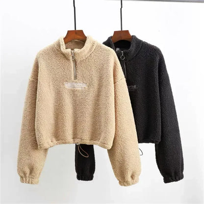 Letter Embroidery Stand Neck Fleece Long Sleeve Pullover
