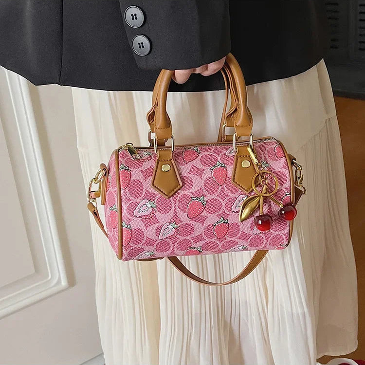 Crossbody Cherry Pattern PU Leather Boston Handbag Shoulder Bags