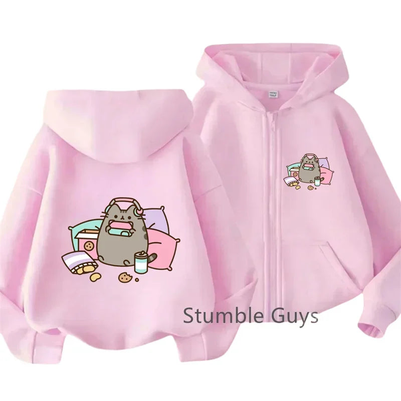 Cozy Pusheen Cat With Headphones Snacks Hoodie Long Sleeve Lovely Cartoon
