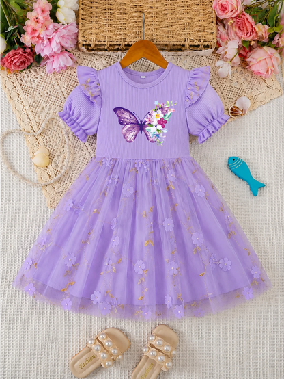 Rainbow Purple Tulle Puff Sleeve Princess Dress