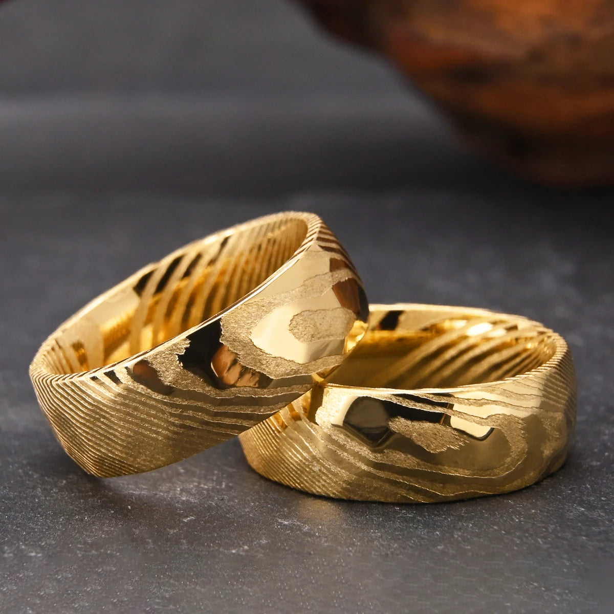 8MM Golden Damascus steel Hammered Engagement Promise Rings