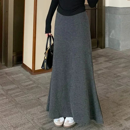 Gray Knitted Hip Wrap High Waist Fish Tail Midi Skirts