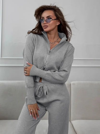 Knit Zip Up Cardigan Wide Leg Soft Fabric Cropped Sets