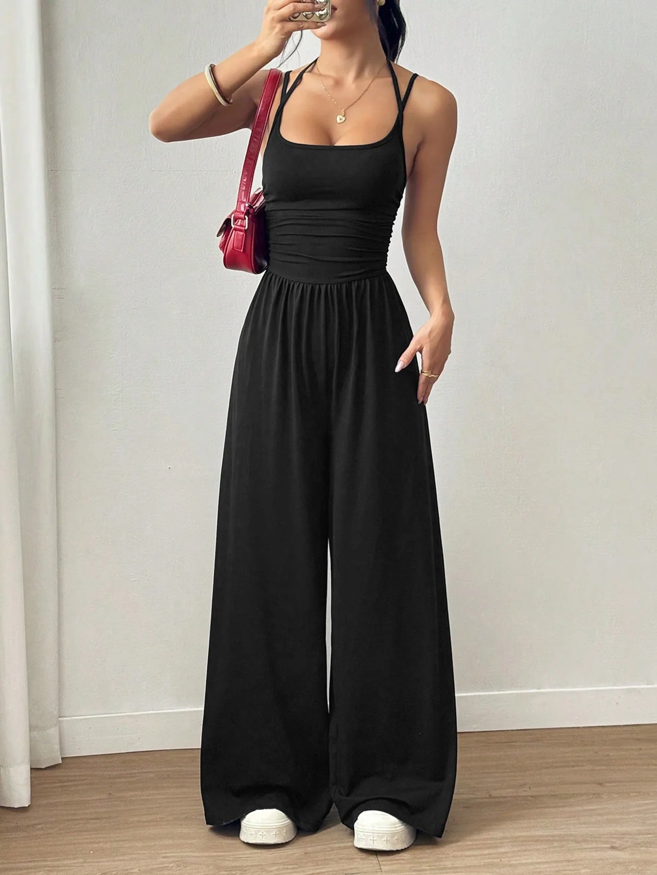 Halter Spaghetti Strap Casual Elastic High Waist Backless Wide Leg Jumpsuits