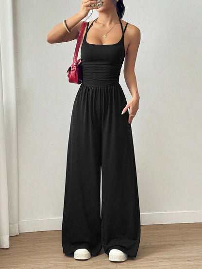 Halter Spaghetti Strap Casual Elastic High Waist Backless Wide Leg Jumpsuits