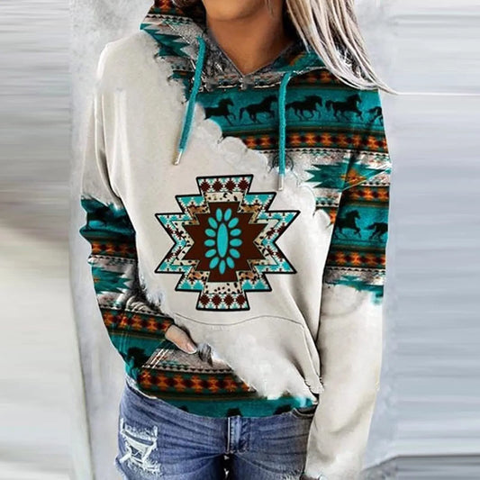 Casual Geometric Horse Print Long Sleeve Pullover