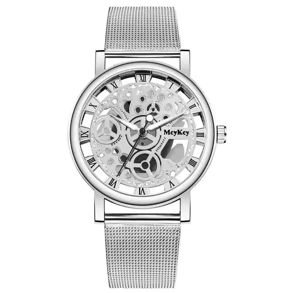 Silver skeleton mechanical watch with mesh strap and visible gears, Roman numerals on dial
