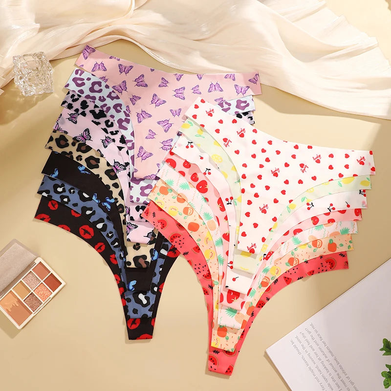 8Pcs/Set Traceless Ice Silk Low Waist Sexy Butterfly Leopard Print Lingerie