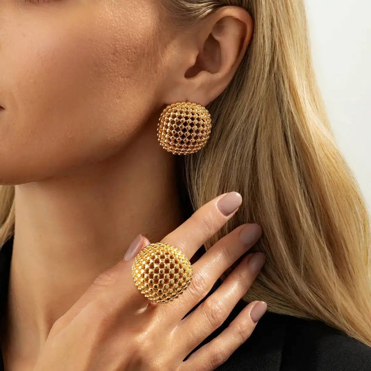 Elegant Gold Geometric Stud Earrings Ring Retro Square Round Earrings Knuckle Set