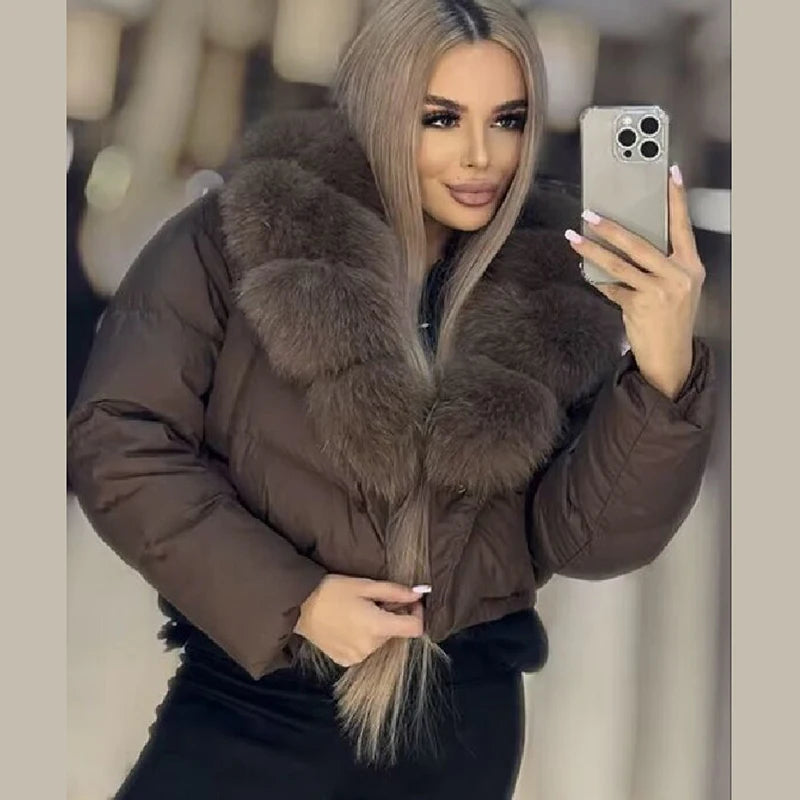 Luxury Thick Faux Fox Fur Collar Cropped Puffer Oversized Jacket