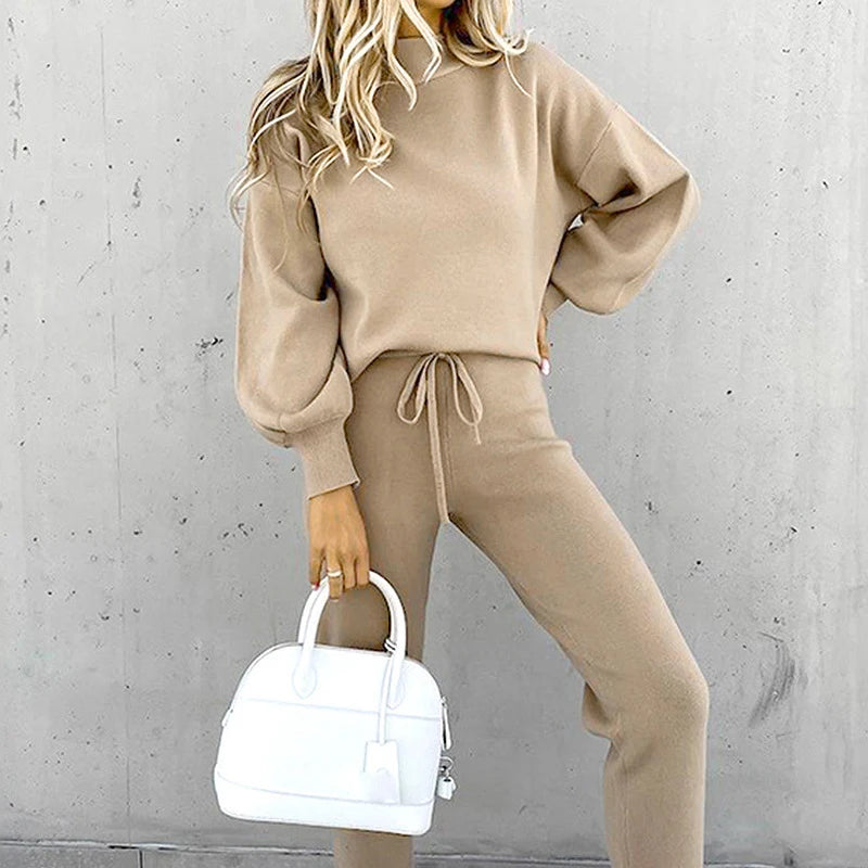 Autumn and Winter Sweater High Collar Casual Pure Color Trousers Set