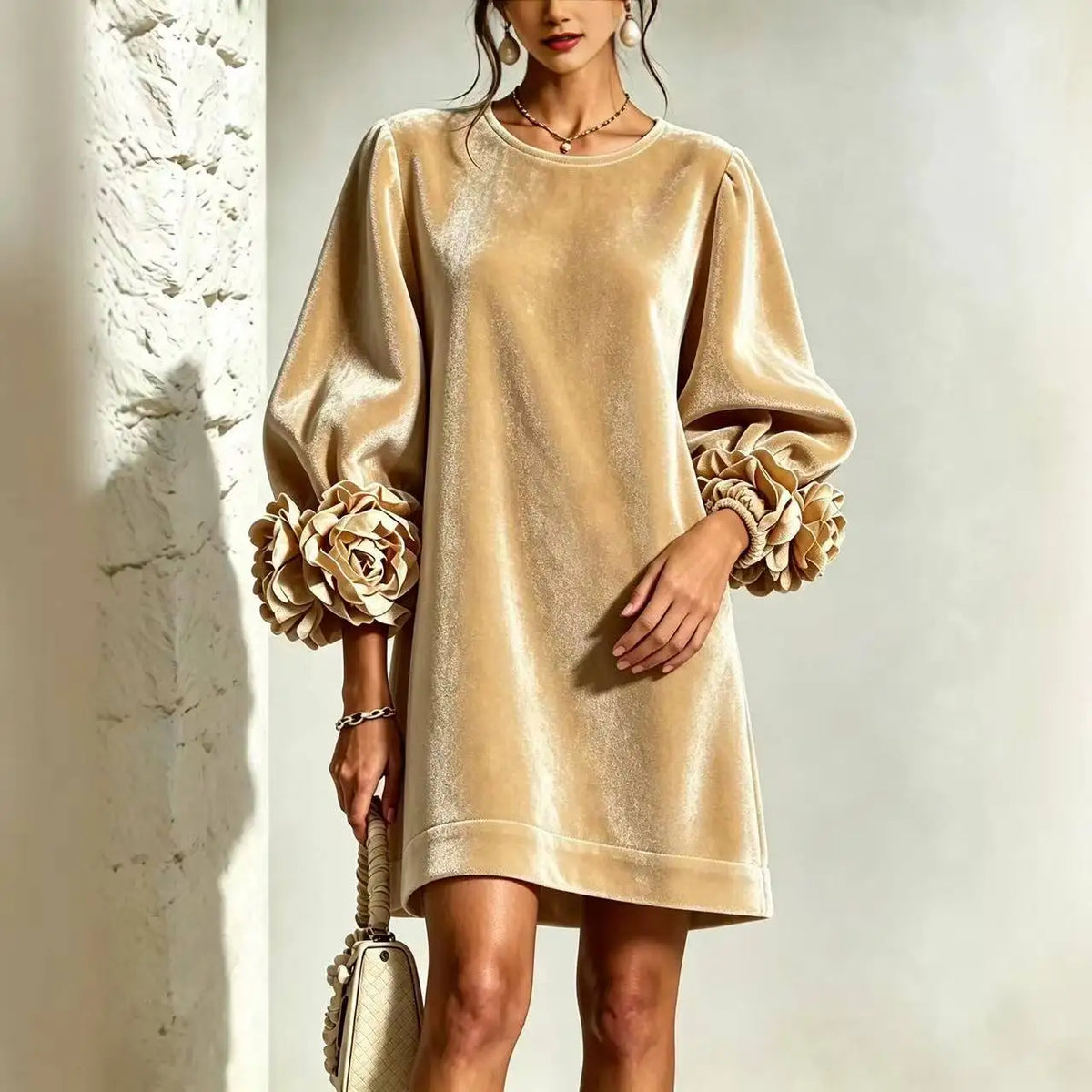Fall Winter Korean Velvet Long Sleeve Dress with 3D