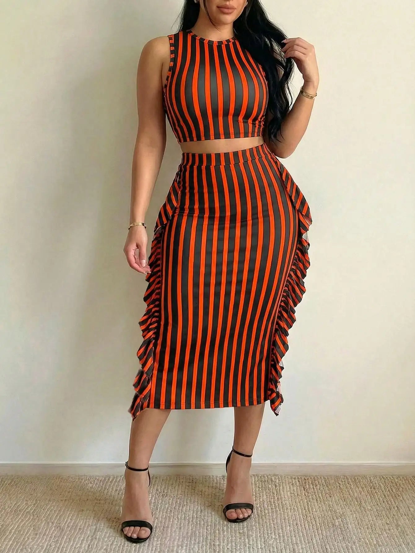 Striped Casual Sleeveless Top Ruffle Asymmetrical Skirt Set
