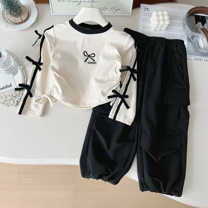 Autumn Red Bow Decoration Letter Embroidery Long Sleeved Pants Set