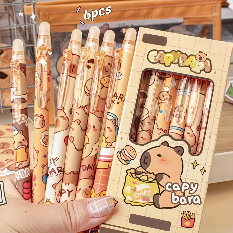 6pcs Cute Capybara Erasable Gel Pens | 0.5mm Blue Ink for School