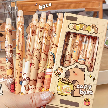 6pcs Cute Capybara Erasable Gel Pens | 0.5mm Blue Ink for School