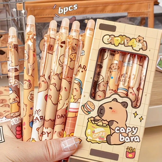 6pcs Cute Capybara Erasable Gel Pens | 0.5mm Blue Ink for School