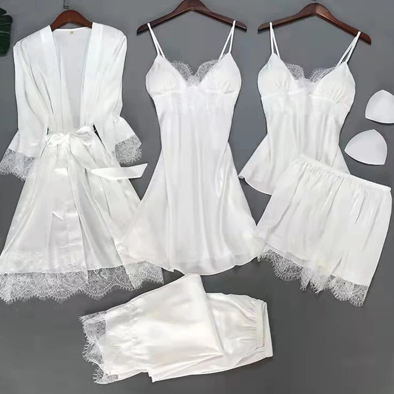 White 5PCS  Satin Sleepwear