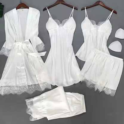 White 5PCS  Satin Sleepwear