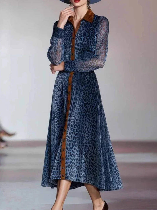 Elegant Leopard Printed Mesh Long Sleeve Dress