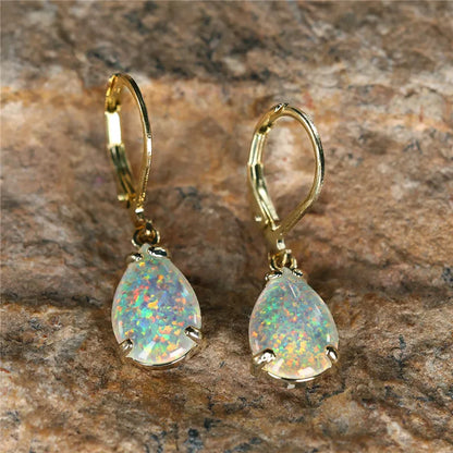 White Fire Opal Stone Classic Gold Color Water Drop Earrings