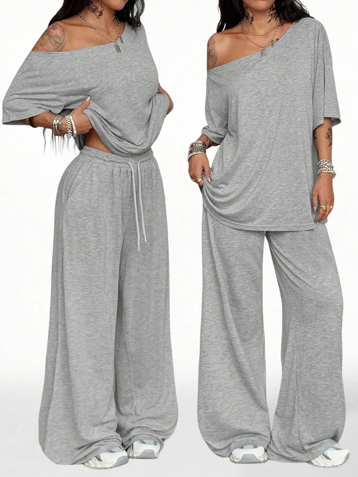 Casual Sports Loose Fit with Slanted Hem and Wide Leg Pants Set
