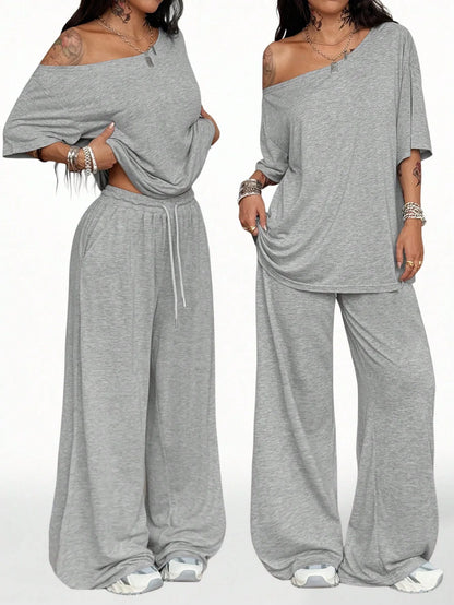 Casual Sports Loose Fit with Slanted Hem and Wide Leg Pants Set