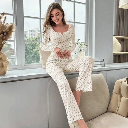 Sleepwear Floral Print Lettuce Long Pant Pyjamas Set