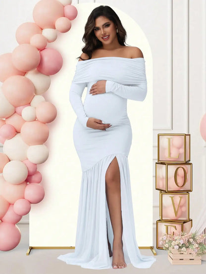 Maternity Off-Shoulder Slits Fishtail Hem For Pregnant