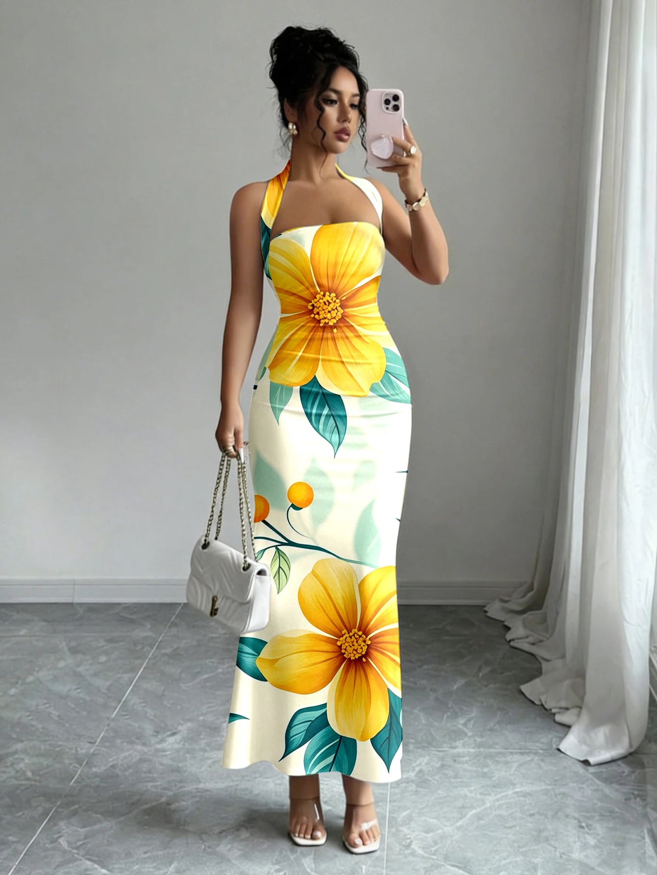 Hip-Hugging Sleeveless Long Collar Flowing Dress