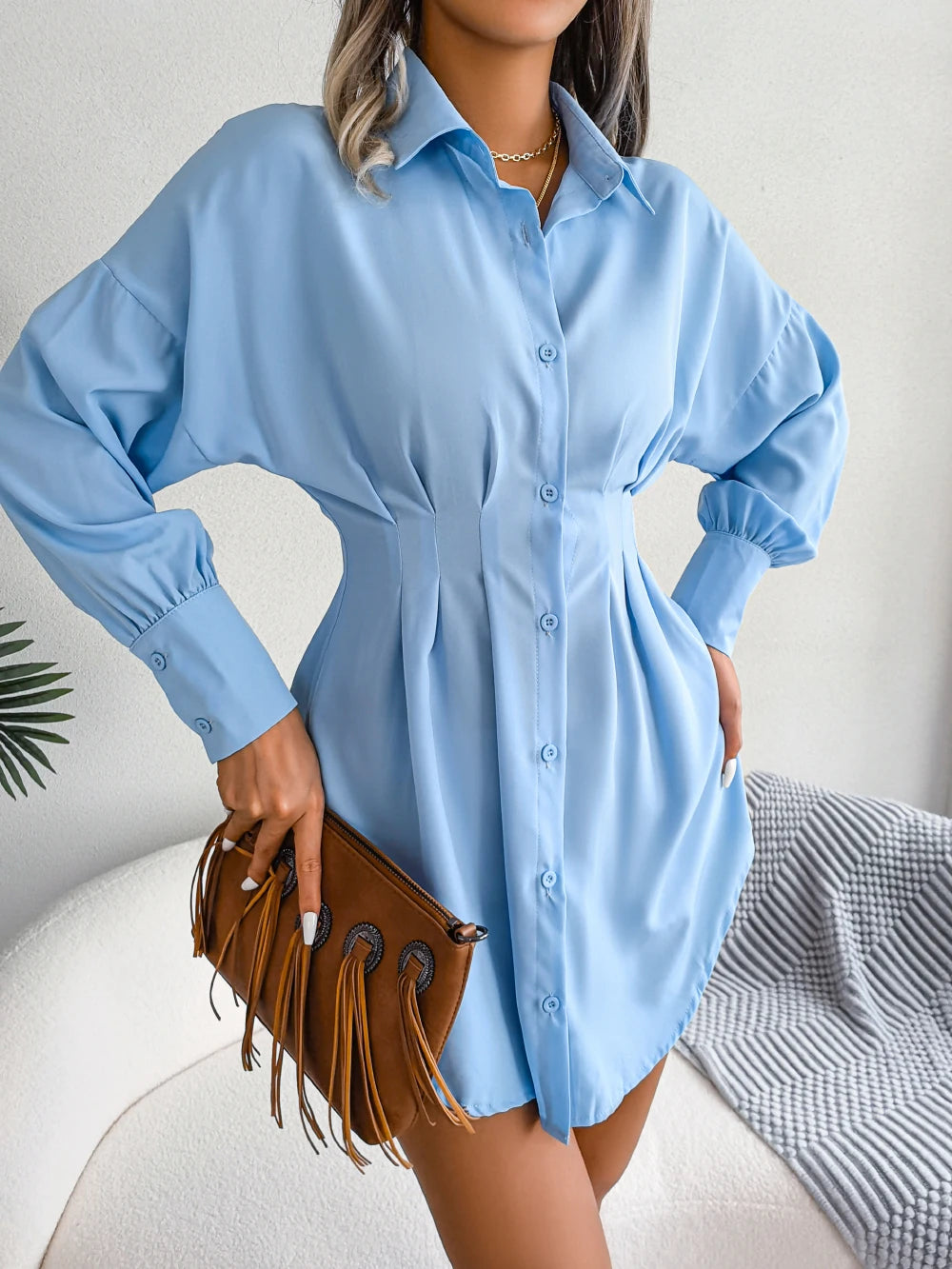 Casual Buttons Long Sleeve Mini Dress
