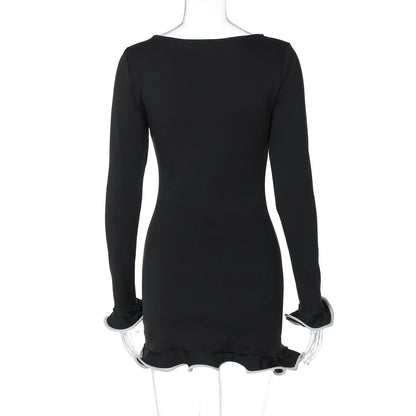 O-Neck Long Sleeves Ruffles Mini Dress
