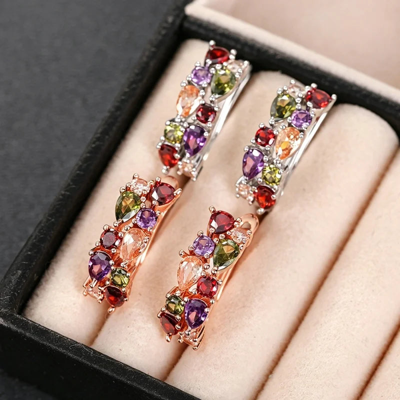 Huitan Luxury Hoop Waterdrop Blue/Green Cubic Zirconia Earrings