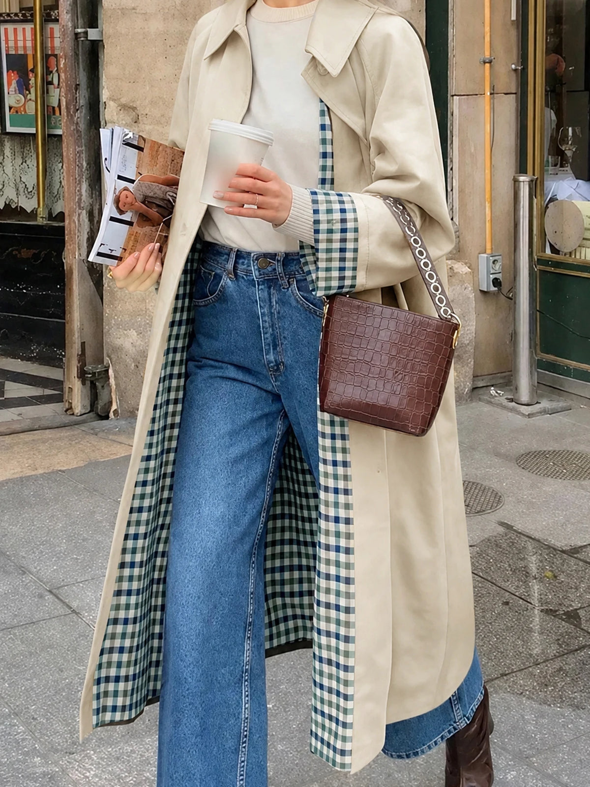 Plaid Lining Solid Trench Coat Single Breasted Long Sleeve Jacket