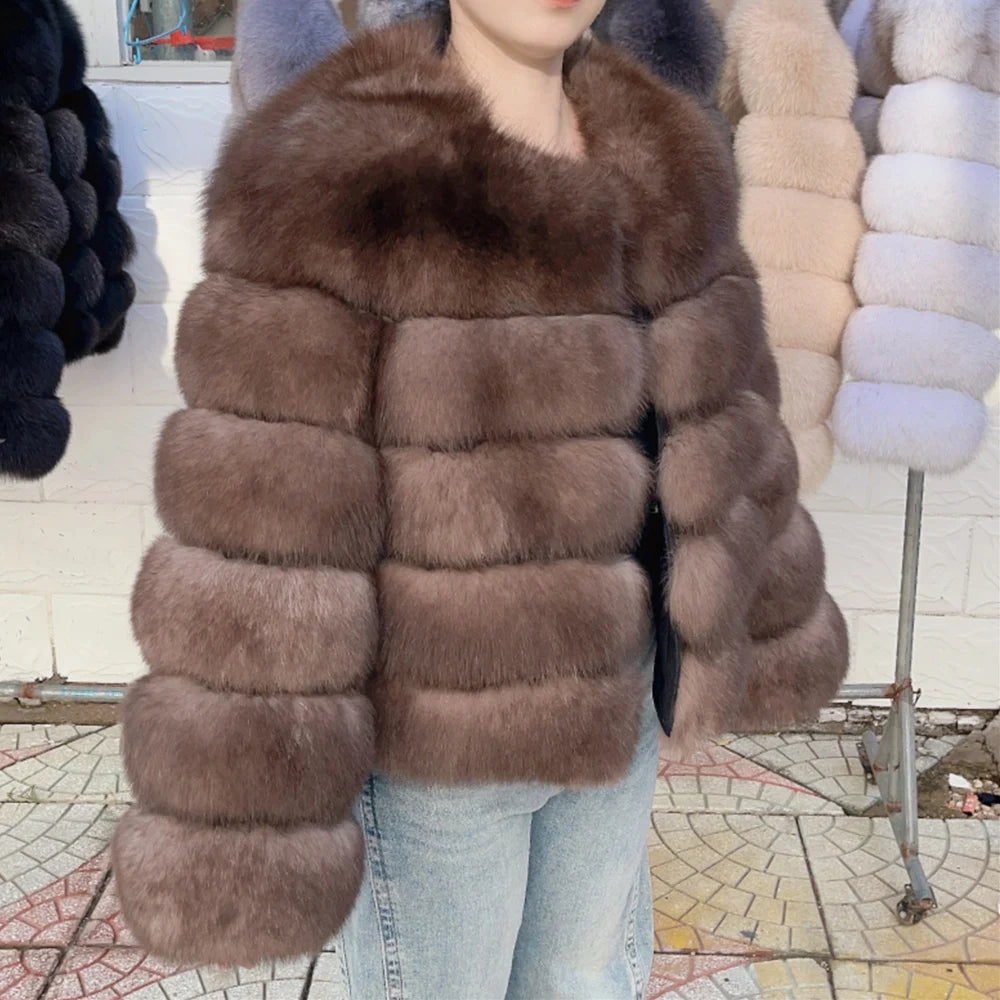 Fox Fur Coat Real Winter Brown Leather Coats & Jackets