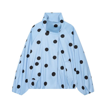 Retro Polka Dot Printed Bomber Stand Collar Oversized Casual Jacket